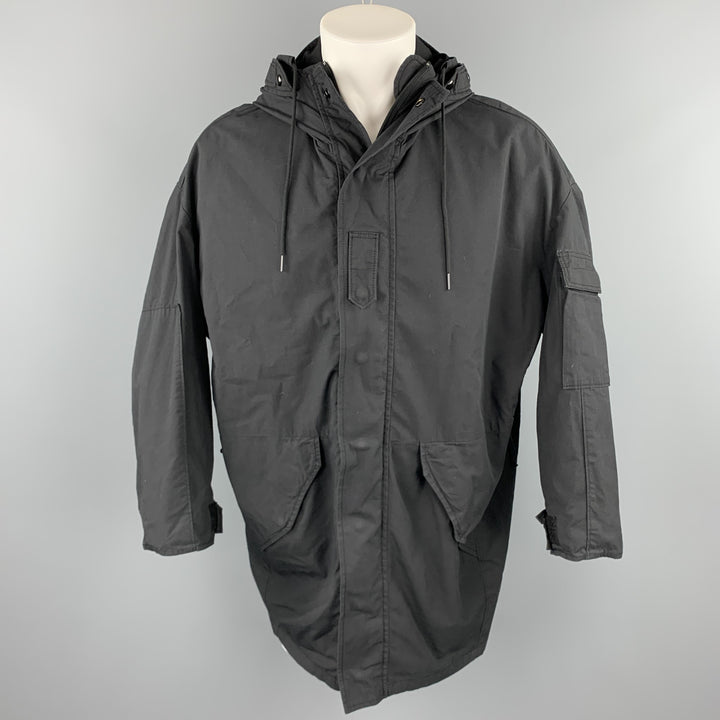 R13 Talla XS Abrigo extragrande con capucha, algodón y nailon, cremallera y broches, color negro