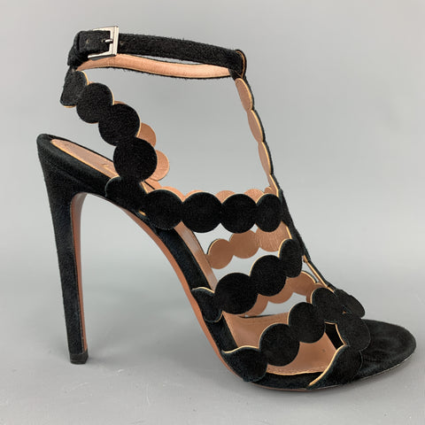 ALAIA Sandalias con tiras cortadas con láser de ante negro talla 8