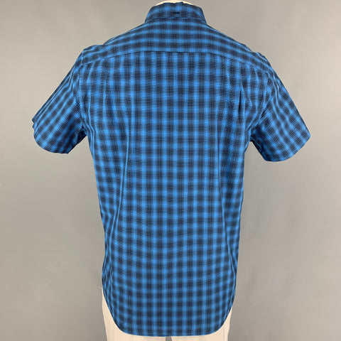 STEVEN ALAN Size L Blue Black Plaid Ottoman Button Down Short Sleeve Shirt