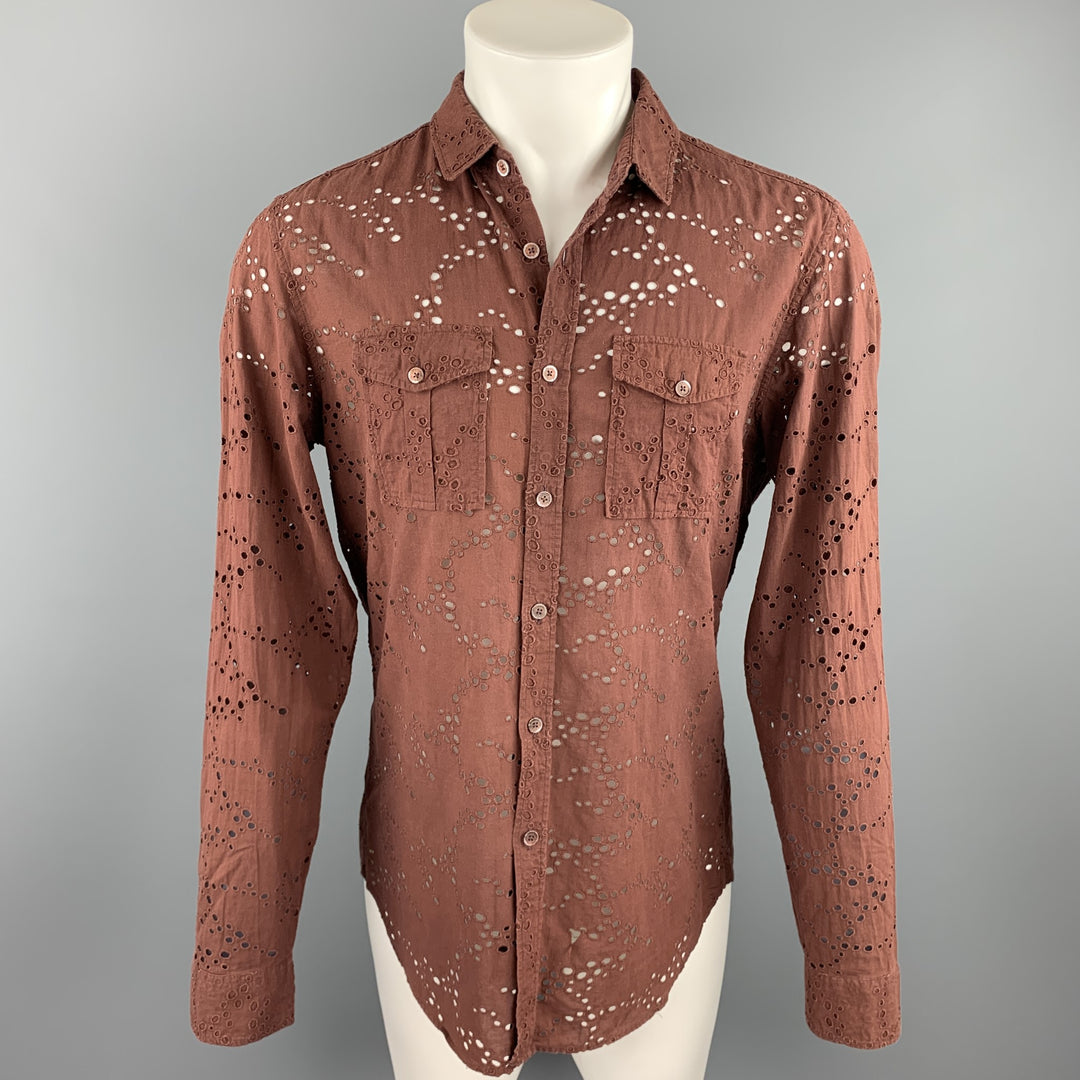 BURBERRY PRORSUM Size L Brown Eyelet Cotton Button Up Long Sleeve Shirt