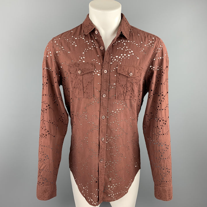 BURBERRY PRORSUM Size L Brown Eyelet Cotton Button Up Long Sleeve Shirt