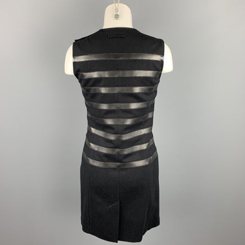GAULTIER 2 Size 6 Black Virgin Wool Leather Trim Shift Dress