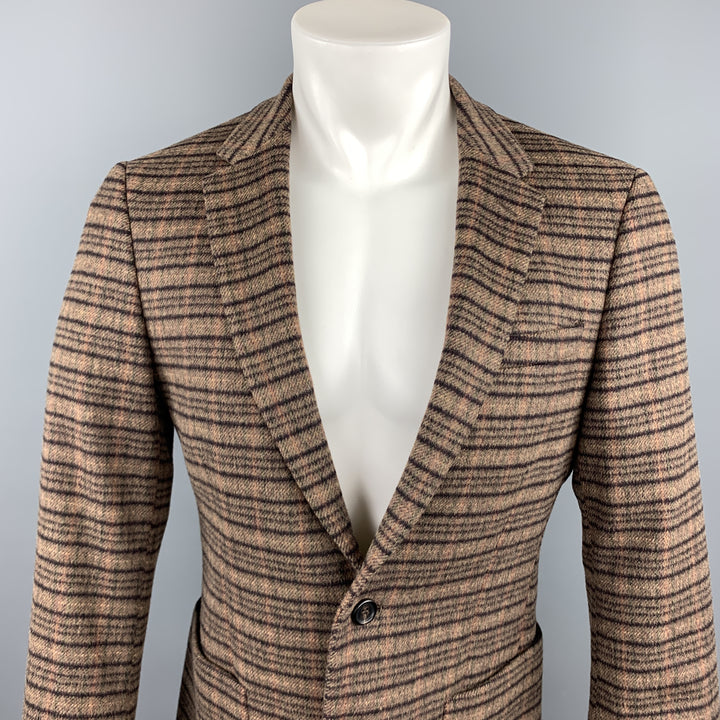 PRADA Taille 38 Manteau de sport à revers cranté en laine Lana / Alpaga à carreaux marron