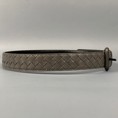 BOTTEGA VENETA Size 34 Grey Woven Leather Monochromatic Buckle Belt