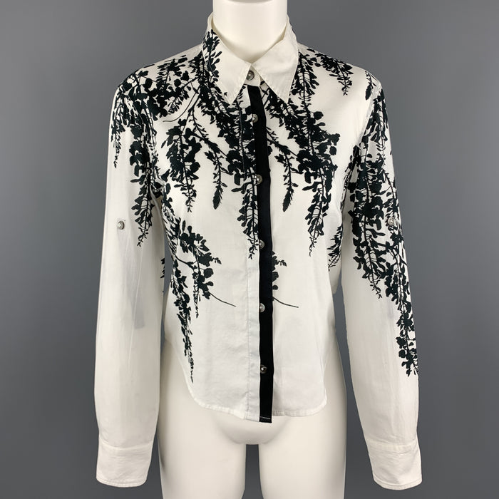 ANN DEMEULEMEESTER Size 2 Black & White Floral Print Cotton Blouse