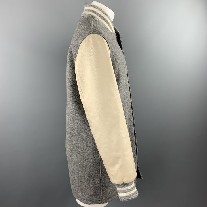 GOLDEN BEAR Size L Grey & Beige Mixed Materials Wool Snaps Coat