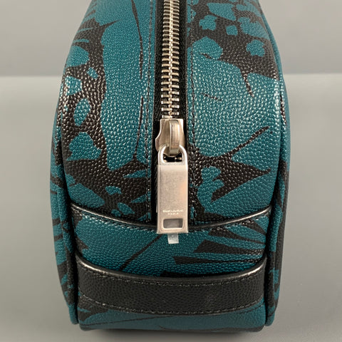 SAINT LAURENT Blue Black Leaves Canvas Toiletry Handbag