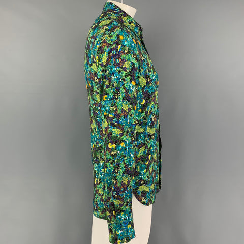 DRIES VAN NOTEN SS20 Sze M Green Blue Sequined Long Sleeve Shirt