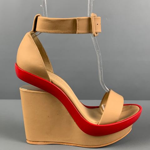 PAUL KA Sandalias de cuña de charol de cuero rojo beige talla 8