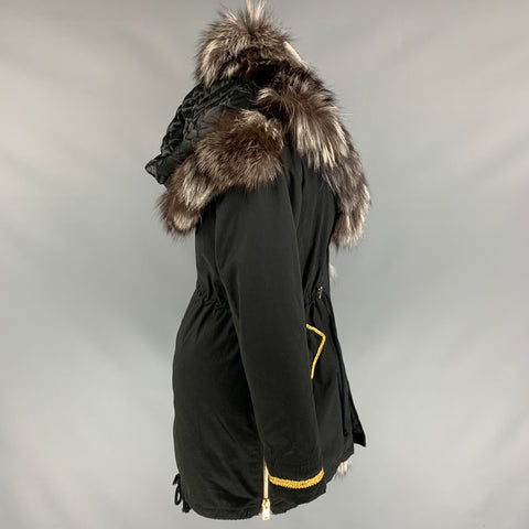 SILVIAN HEACH Size XS Black Nylon Blend Fox Fur Trim Hooded Coat