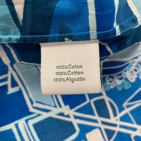 HERMES Size XL Blue White Print Cotton Zip Up Short Sleeve Shirt