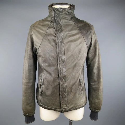 GIORGIO BRATO 38 Taupe Distressed Leather & Silk High Collar Jacket GIORGIO BRATO
