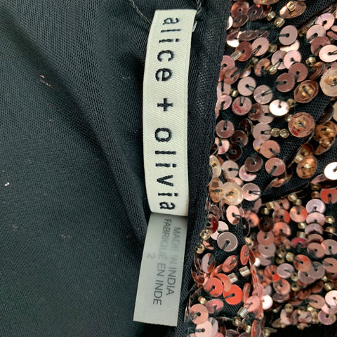 ALICE + OLIVIA Size 2 Copper Black Nylon Sequined Shift Dress