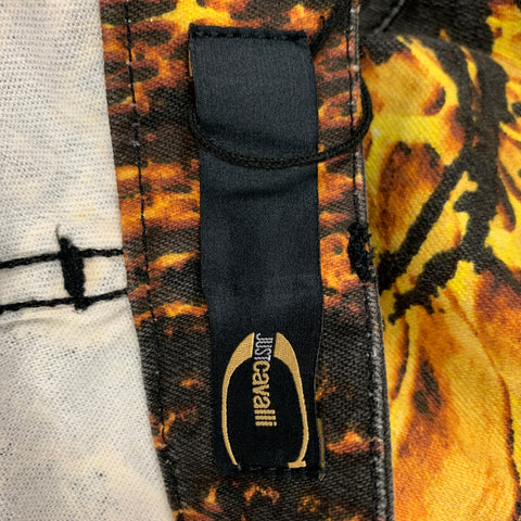JUST CAVALLI Size 29 Yellow Black Graphic Print Cotton Zip Casual Pants