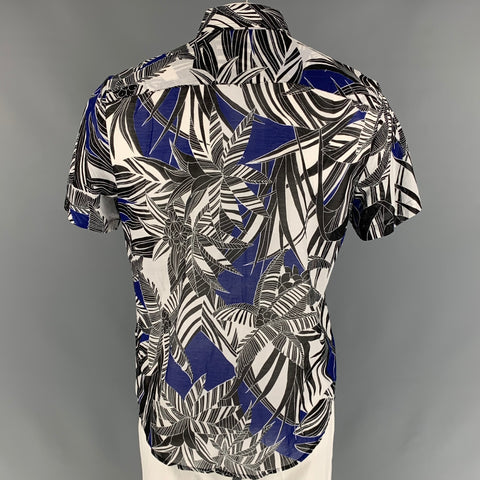 MR TURK Size L Black & Blue Print Cotton Button Up Short Sleeve Shirt