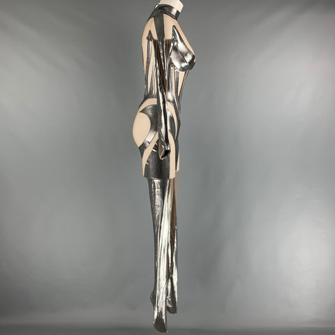 MUGLER Size 2 Silver Nude Mixed Fabrics Polyamide Mesh Jumpsuits