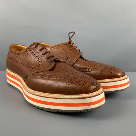 PRADA Size 9.5 Brown Perforated Leather Wingtip Lace Up Shoes