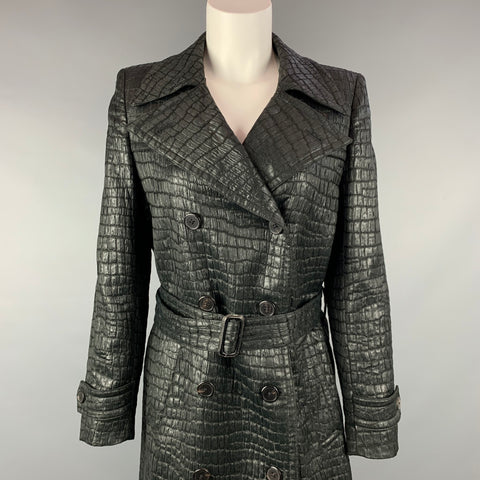 DRIES VAN NOTEN Size 6 Black Textured Acetate Blend Belted Trench Coat