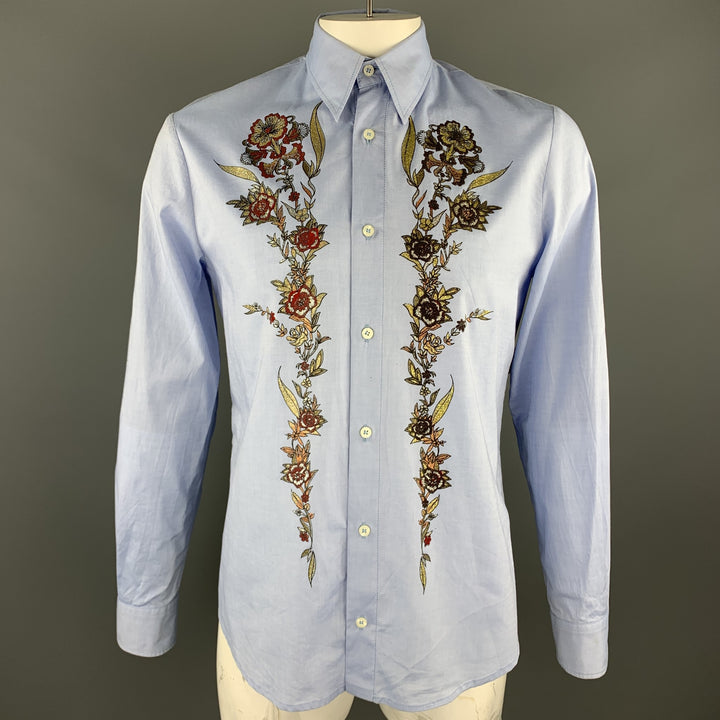 JUST CAVALLI Size XXL Light Blue Glitter Floral Print Dress Shirt