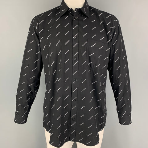 BALENCIAGA Size M Black White Logo Cotton Button Down Long Sleeve Shirt