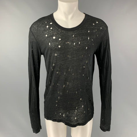 IRO Marvina Size M Black Distressed Linen Long Sleeve T-shirt