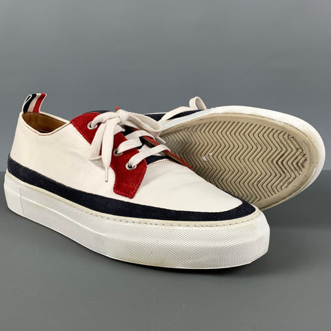 THOM BROWNE Size 10 White Red & Blue Color Block Leather Platform Sneakers