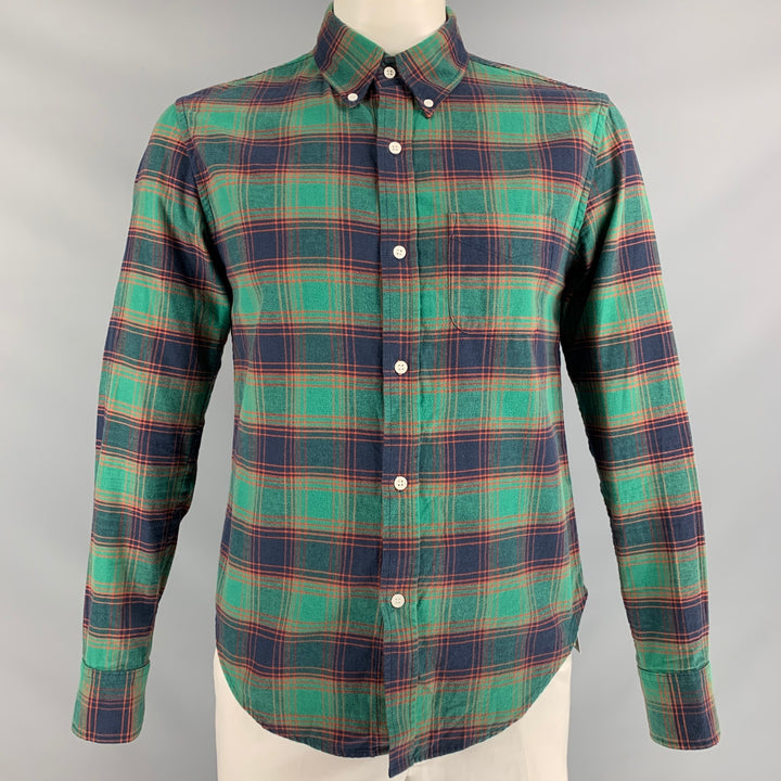 BAND OF OUTSIDERS Size L Green &  Navy Plaid Cotton Button Down Long Sleeve Shirt