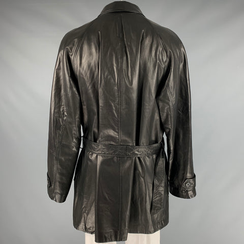 BALLY Size 48 Black Leather Zip Buttons Coat