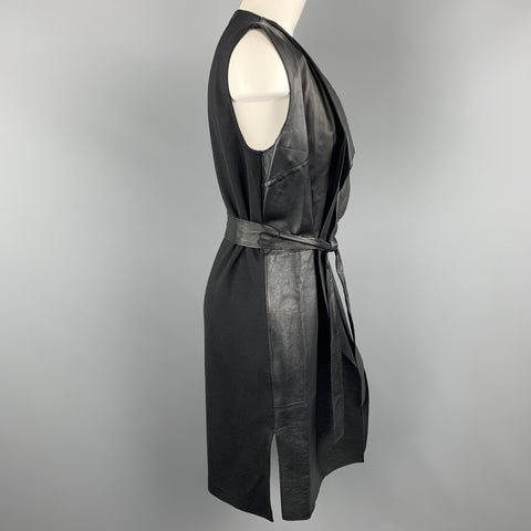 ST. JOHN Size S Black Draped Leather Front Wool Blend Knit Back Vest Coat