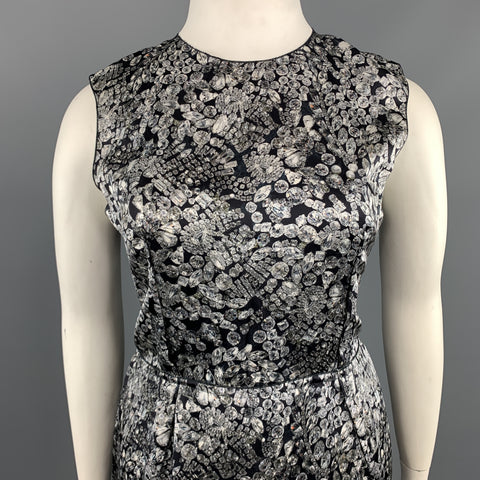 LANVIN Size 8 Grey & Black Diamonds Print Satin Sleeveless Shift Dress