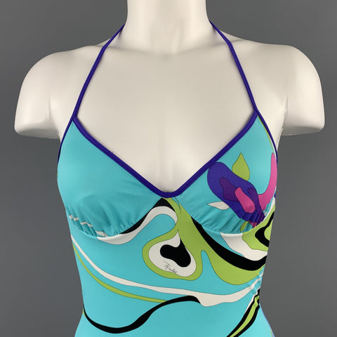 EMILIO PUCCI Size 4 Turquoise & Purple Print One Piece Halter Swimsuit