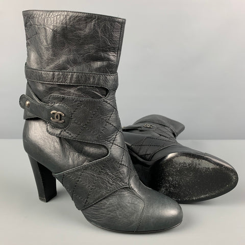 CHANEL Size 7.5 Black Leather Straps Boots