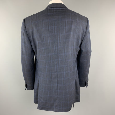 ERMENEGILDO ZEGNA Talla 48 Abrigo deportivo largo con solapa de muesca de lana a cuadros azul marino largo
