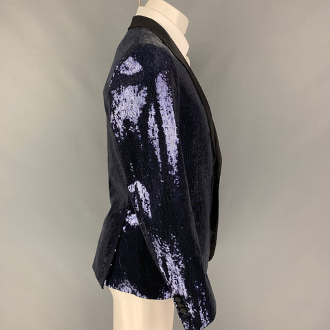 DSQUARED2 Size 40 Navy Black Sequined Polyester Peak Lapel Sport Coat
