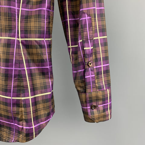 GUCCI Size XS Brown & Purple Plaid Cotton Button Up Patch Pockets Epaulettes Long Sleeve Shirt