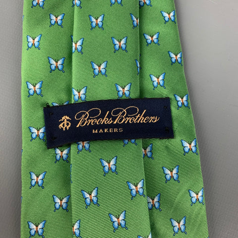 BROOKS BROTHERS Corbata de seda con mariposas en verde y blanco