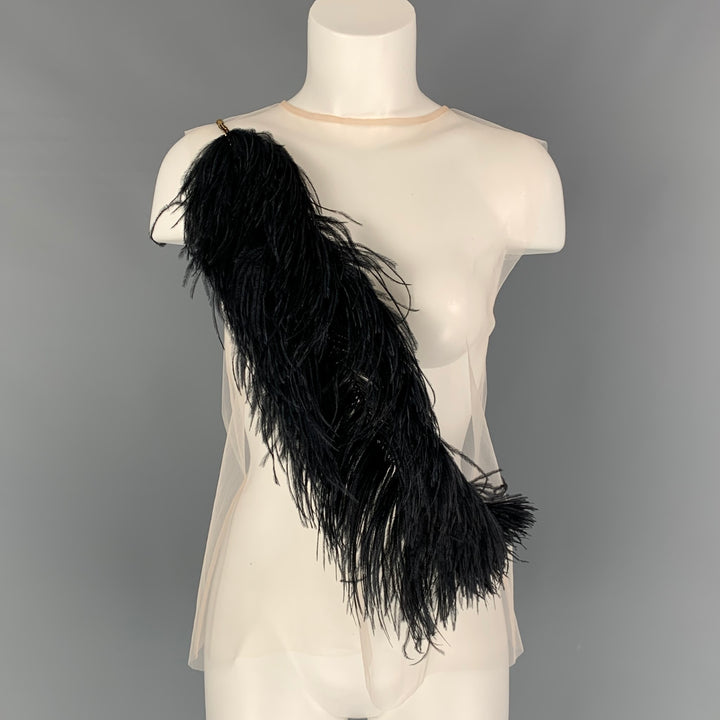 DRIES VAN NOTEN x Christian LaCroix Spring 2020 Size 6 Blush Black Polyester Feathers Sleeveless Blouse