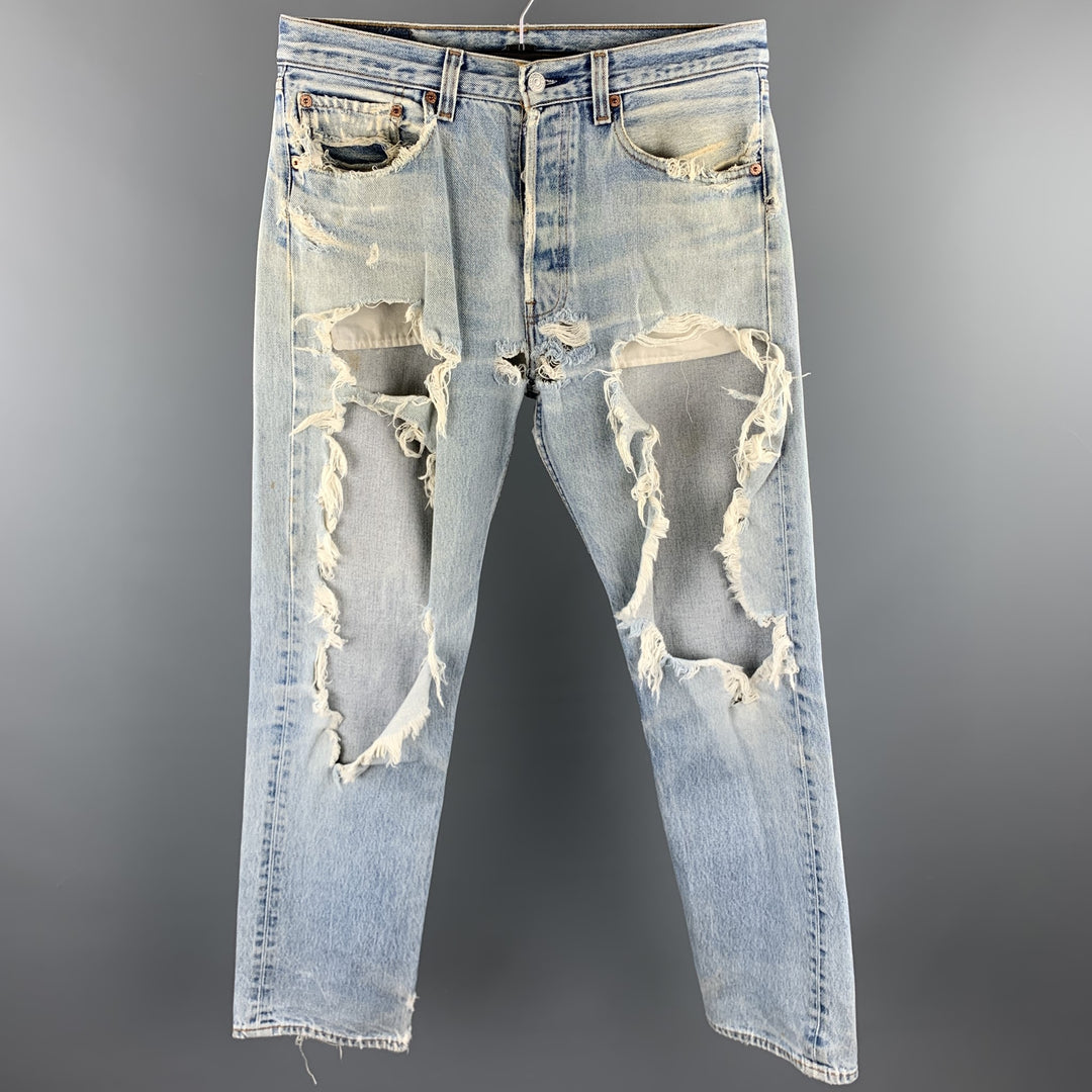 LEVI STRAUSS Size 32 Light Blue Distressed Denim Button Fly Jeans