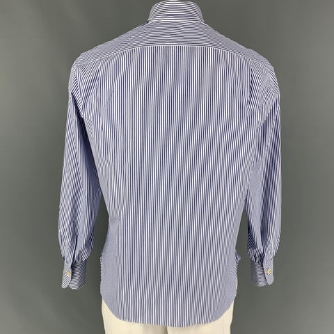 KITON Size M White Navy Stripe Cotton Long Sleeve Shirt