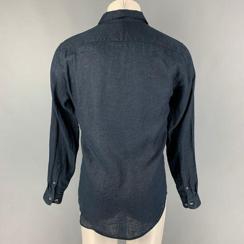 THEORY Size M Navy Linen Button Up Long Sleeve Shirt