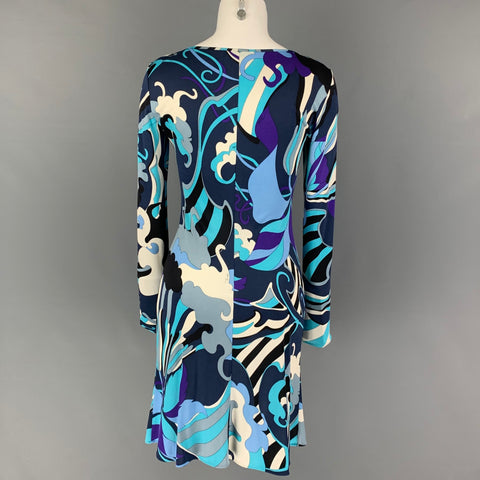 EMILIO PUCCI Size 8 Navy Purple Silk Abstract Ruched Dress