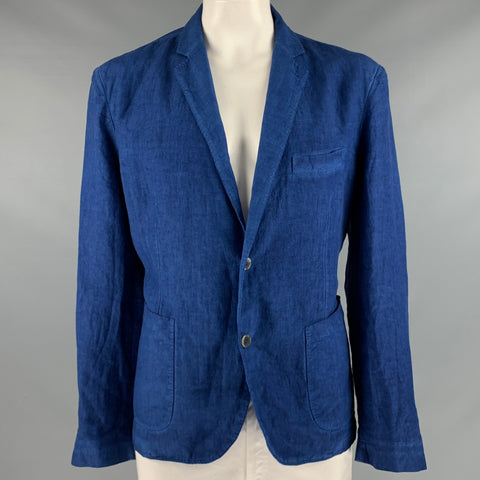 120% LINO Size 48 Blue Linen Notch Lapel Sport Coat