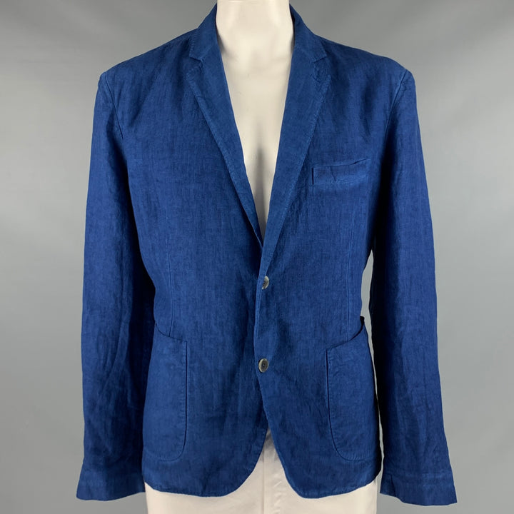 120% LINO Size 48 Blue Linen Notch Lapel Sport Coat