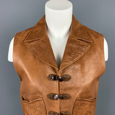RALPH LAUREN Blue Label Talla M Chaleco occidental de cuero en relieve camello