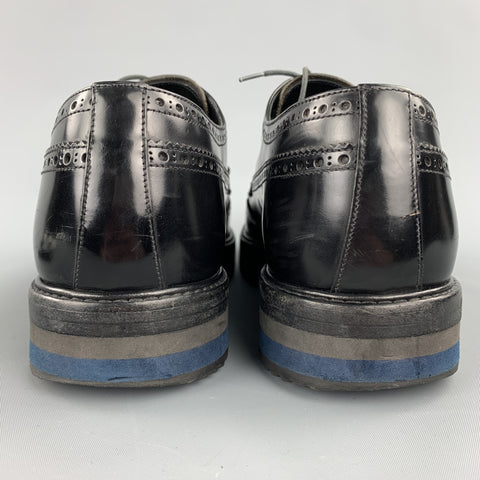 PRADA Size 10.5 Black Perforated Leather Platform Lace Up Shoes