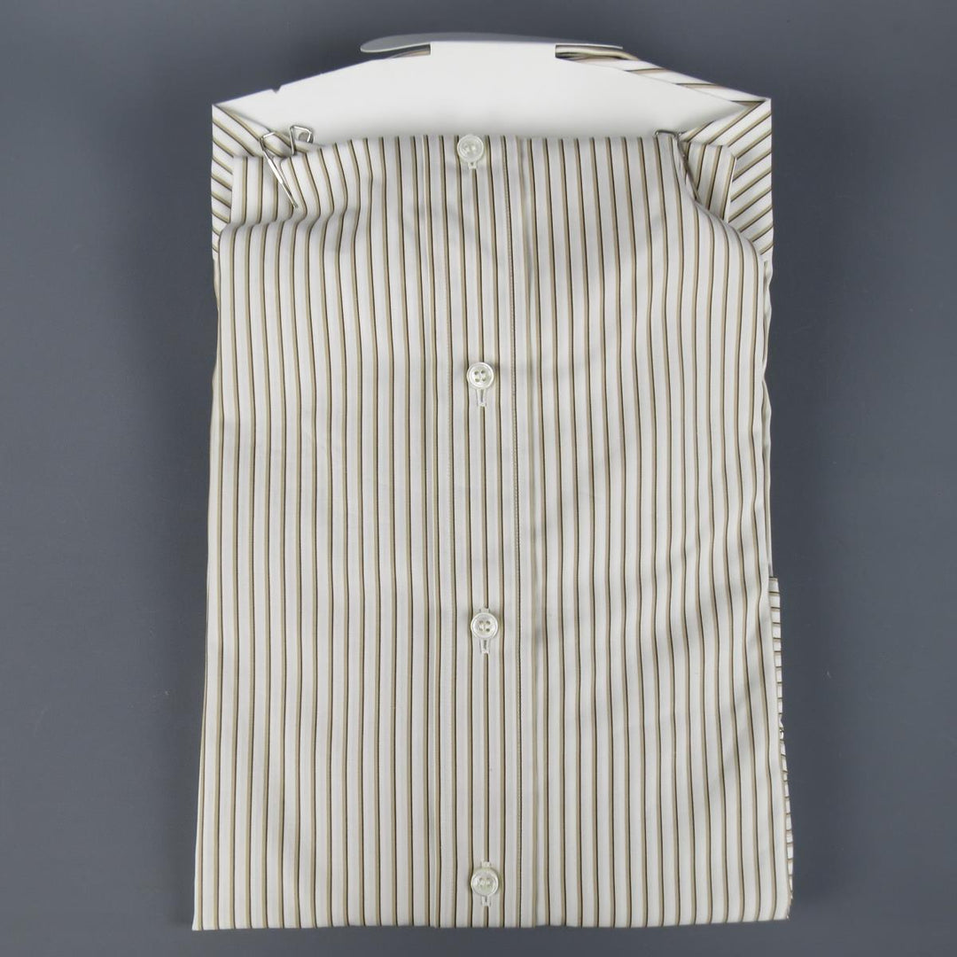 Nuevo BRIONI Camisa manga larga de algodón a rayas blanca y marrón talla M