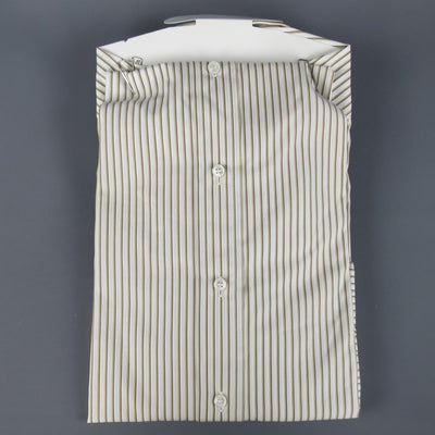New BRIONI Size M White & Brown Striped Cotton Long Sleeve Shirt