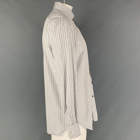 ISAIA Size L Stripe White &  Black Cotton French Cuff  Long Sleeve Shirt