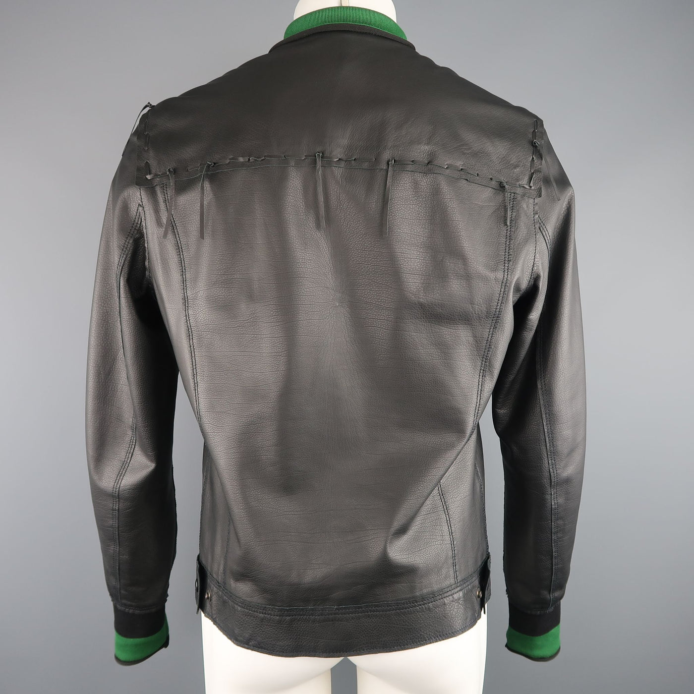 LANVIN US 42 / IT 52 Black Leather Fringe Trim Green Collar Bomber Jacket