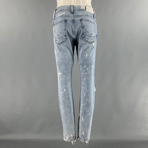 HUDSON Taille 31 Bleu Blanc Distressed Cotton Elasthanne Slim Button Fly Jeans